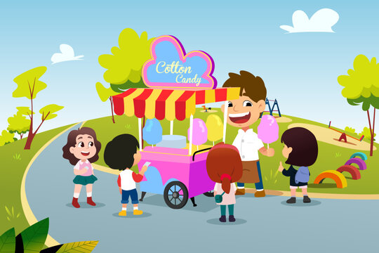 Kids Buying Cotton Candy From a Stand Vector Illustration