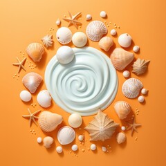 Sunscreen spray bottle. Bottle with sun protection cream and sea shells with tropical green leaf on color background, top view. Generative AI.