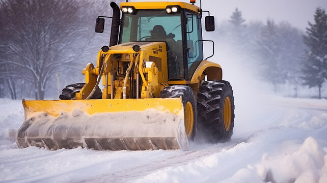 The bulldozer cleans snow on the road, with snowstorm in the background, Generative AI
