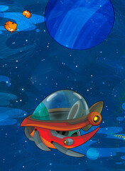 Cartoon funny colorful scene of cosmos galactic alien ufo space craft ship isolated illustration for children