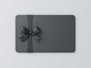 Blank black gift business card with black ribbon bow isolated on white grey background with shadow minimal concept 3D rendering