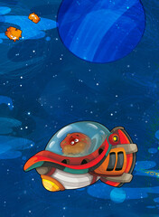 Cartoon funny colorful scene of cosmos galactic alien ufo space craft ship isolated illustration for children