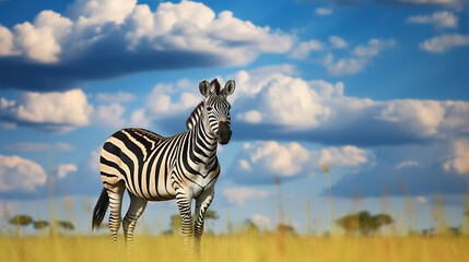 Wild Zebra Embraces the Green Meadow under Dramatic Skies, Wildlife nature. Generative AI
