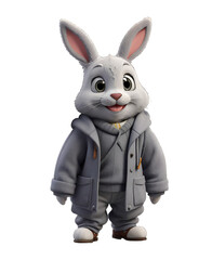 Fototapeta na wymiar Happy grey bunny wear a sweater with suit isolated on transparent background, 3d illustration. Generative AI