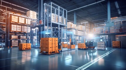 Smart factory logistics. The innovative use of technology to streamline, automate, and enhance logistical processes within factory setting, thereby boosting efficiency and productivity. Generative AI - obrazy, fototapety, plakaty