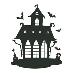 Cartoon haunted house. Halloween creepy ghost house silhouette, spooky monsters haunted old castle flat vector illustration. House with ghosts
