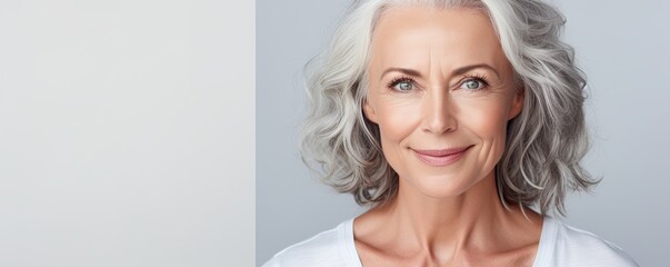 Banner with free copy space for text - older attractive smiling business woman with grey hair