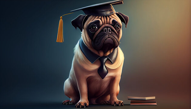 Cute funny pug professor wearing tie and graduation hat. Clever dog illustration Ai generated image