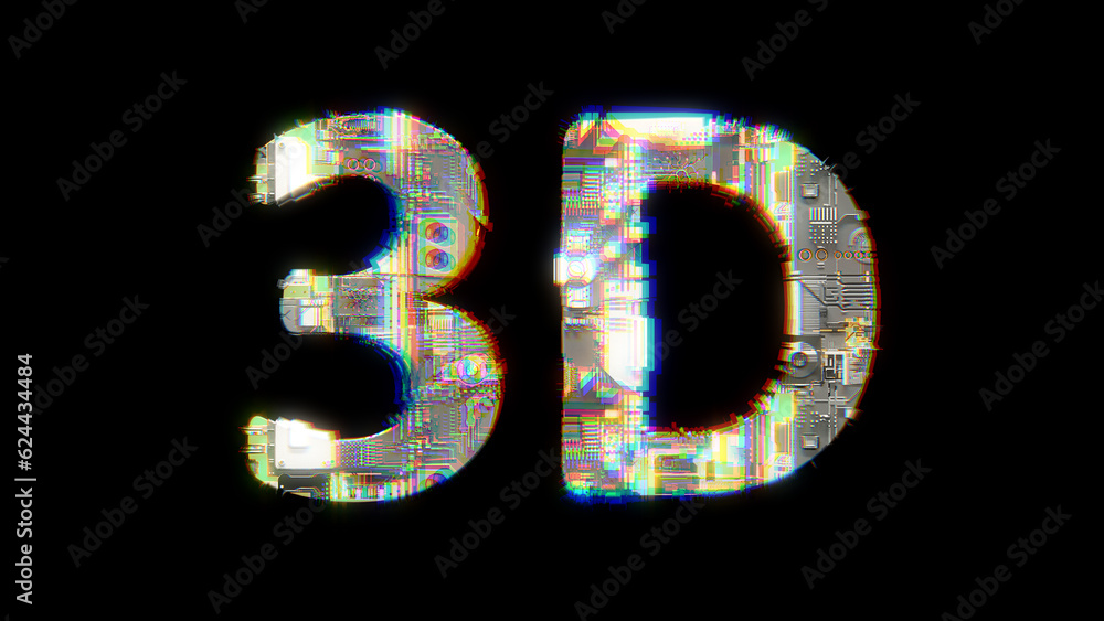 Poster glitch and chromatic aberrations cybernetical text 3d on black, isolated - object 3d rendering