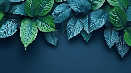 Collection of tropical leaves,foliage plant in blue color with space background, flat lay, top view, Blurry background, template, Bokeh, Copy Space, Generative AI