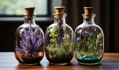 Obraz na płótnie Canvas Aromatherapy, bottles with herbs and oil on a wooden table.