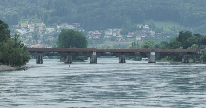 Bad Saeckingen district of Waldshut - Medieval longest covered wooden  bridge in Europe over the Rhine view from Germany
