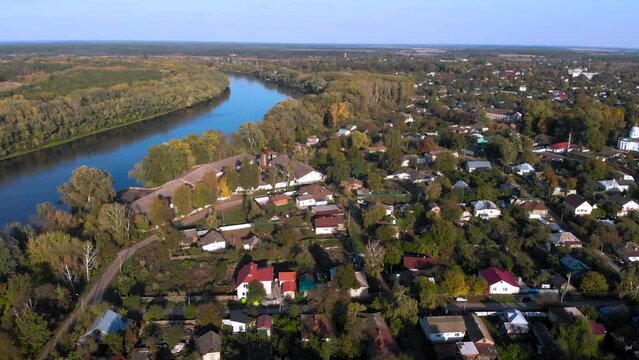Aerial view. The town of Oster on the banks of the Desna River. Picturesque Ukrainian landscape. Chernihiv Oblast, Ukraine.
