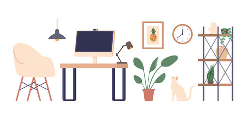 Set of Icons Desk, Computer, Lamp and Shelf. Houseplant, Wall Picture and Clock with a Cat. Functional Workspace Items