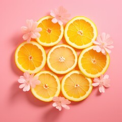 Sun made of lemon and yellow flower petals on bright pink background. Fruit summer minimal concept. Generative AI.
