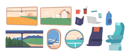 Set Of Icons Train, Bus, Ship And Airplane Windows And Portholes. Chairs, Laptop, Coffee Cup, Laptop And Bag Isolated