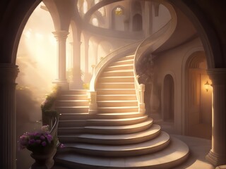 Una escalera sinuosa y etérea, iluminada por una luz suave y celestial, que conduce a un paraíso divino.