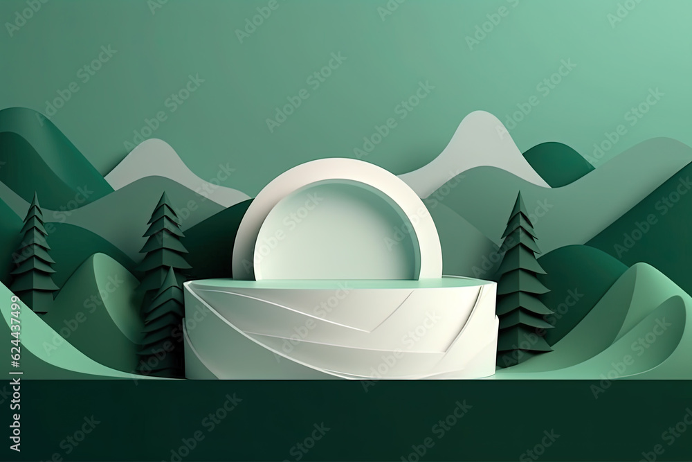 Poster paper cut style cylindrical podium for presentation of new product on a mint background with trees a