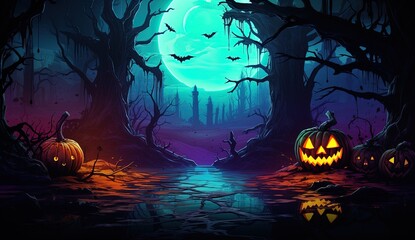 Fototapeta premium Grinning pumpkin in spooky forest for a halloween celebration, Jack o Lantern scary grin in a dark night. Cemetery is hidden in the background for horror. Generative AI.
