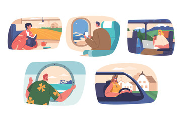 Characters Traveling by Train, Airplane, Car, Ship and Bus Transport. People Look into Windows and Relax during Journey