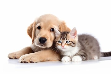Cute little kitten cat and cute puppy dog together isolated on white background.