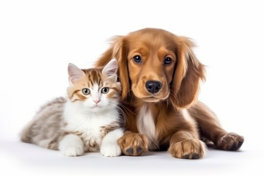 Cute little kitten cat and cute puppy dog together isolated on white background.