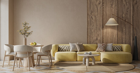 Cozy living room interior with wood wall panels. Interior mockup, 3d render 