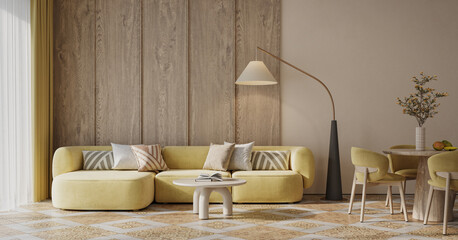 Cozy living room interior with wood wall panels. Interior mockup, 3d render 