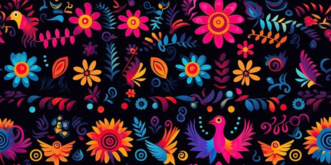 Fototapeta na wymiar illustration showcases a folk Mexican Otomi style embroidery pattern. Inspired by traditional designs Mexican Embroidery Generative Ai Digital Illustration