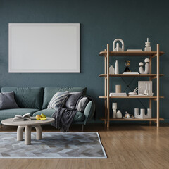 Living room interior with dark blue sofa and poster on empty blue wall, 3d render