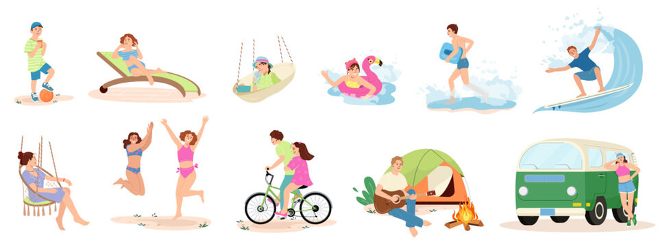 Set of people performing summer sports and leisure outdoor activities at beach in sea or ocean - playing games, camping, surfing, cycling Colorful flat vector illustration isolated on white background