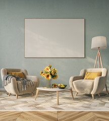 Cozy home interior in light pastel colors with cozy furniture decoreted with sunflowers, 3d rendering
