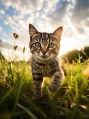 Naklejka na ściany i meble Cat in the grass at sunset,created with generative ai tecnology.