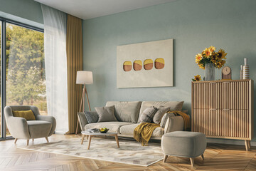 Cozy home interior in light pastel colors with cozy furniture decoreted with sunflowers, 3d rendering
