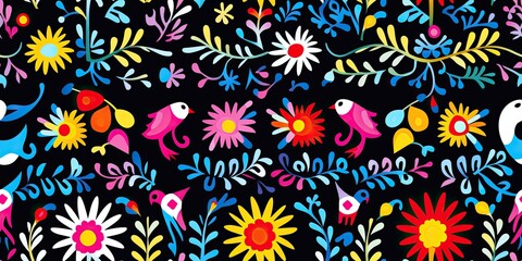 Fototapeta na wymiar Vibrant Folk Mexican Otomi Embroidery: A Cultural Delight for Designs and Decor Projects Mexican Embroidery Generative Ai Digital Illustration