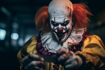 A close-up shot of a creepy clown holding a blood-stained knife, with a chilling smile and sinister eyes, capturing the fear and thrill of Halloween. Generative AI