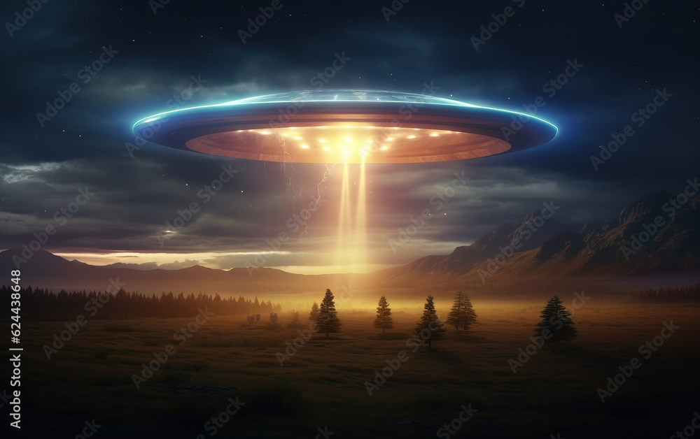 Poster alien spacecraft descending on earth,created with generative ai tecnology.