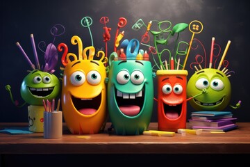 group of funny school characters with blurred blackboard background, Generative AI