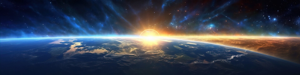 Fototapeta na wymiar Panoramic sunrise of the Earth,created with generative ai tecnology.