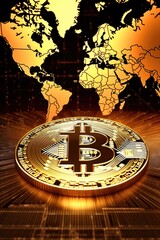 golden bitcoin with a digital world map background, created with generative ai