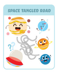 Vector illustration of maze or labyrinth game for preschool children. Space tangled cartoon puzzle road activity for kids with funny planet characters
