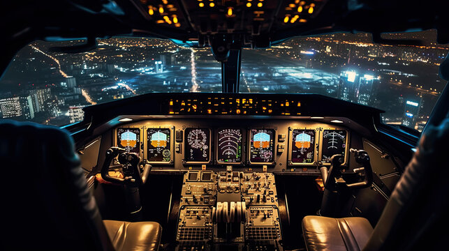 Cockpit pilot Flight Deck display. Throttle jet cabin with control panel plane