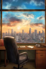 Fototapeta na wymiar office chair and desk with city view background, created with generative ai