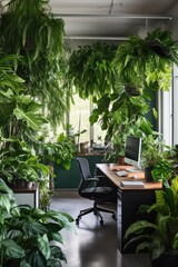 office plants and greenery creating a calming work environment, created with generative ai
