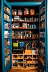 Obraz premium organized and tidy office supply closet with labeled shelves, created with generative ai