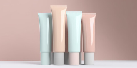 Clear plastic tubes of cosmetic cream in a pastel color palette isolated on a pastel background. Mockup cream product design with copy space. Generative AI 3d render illustration imitation.