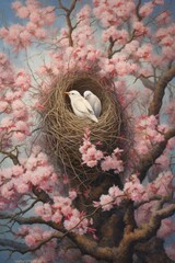 birds nest with eggs in blossoming tree, created with generative ai