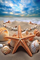 Fototapeta na wymiar seashells and starfish on sandy beach, created with generative ai