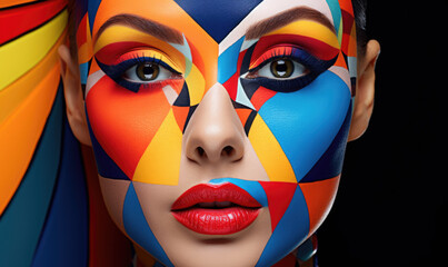 Face of a young female with creative body art. Colorful mosaic of triangles and geometry on the face of a woman, on black background.