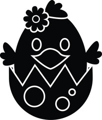 Black and White Cartoon Vector Illustration of a Cartoon Chick in a Broken Egg